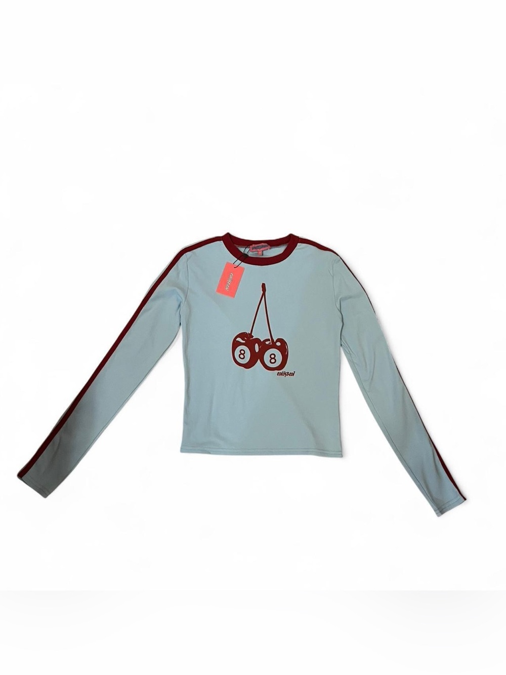 Edikted Light Blue Long Sleeve Tee with Burgundy Cherry Graphic